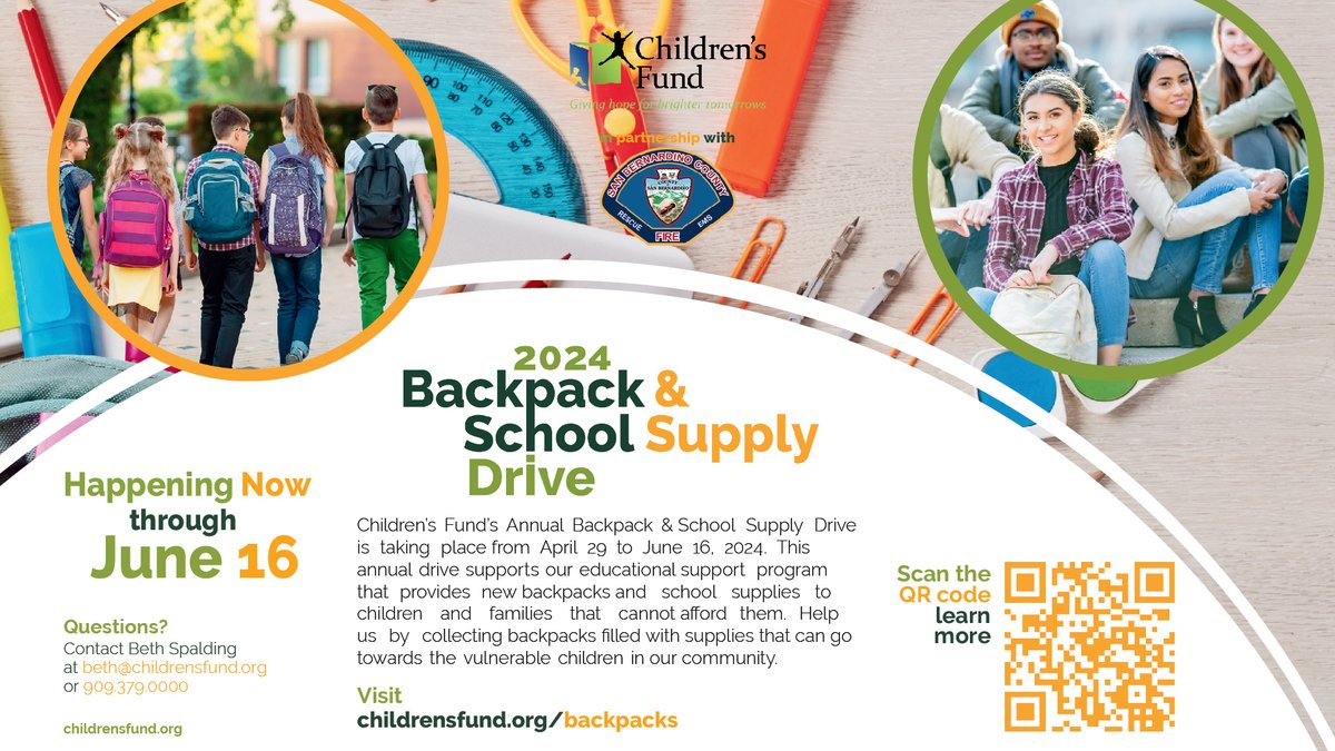 🚒🎒 #SBCoFD & Children’s Fund are collecting backpacks & school supplies at all fire stations and the Service Center in San Bernardino until June 16. Join our 2024 Backpack Supply Drive and help local students succeed! 🔗 Details: childrensfund.org/backpacks #BackpackDrive2024