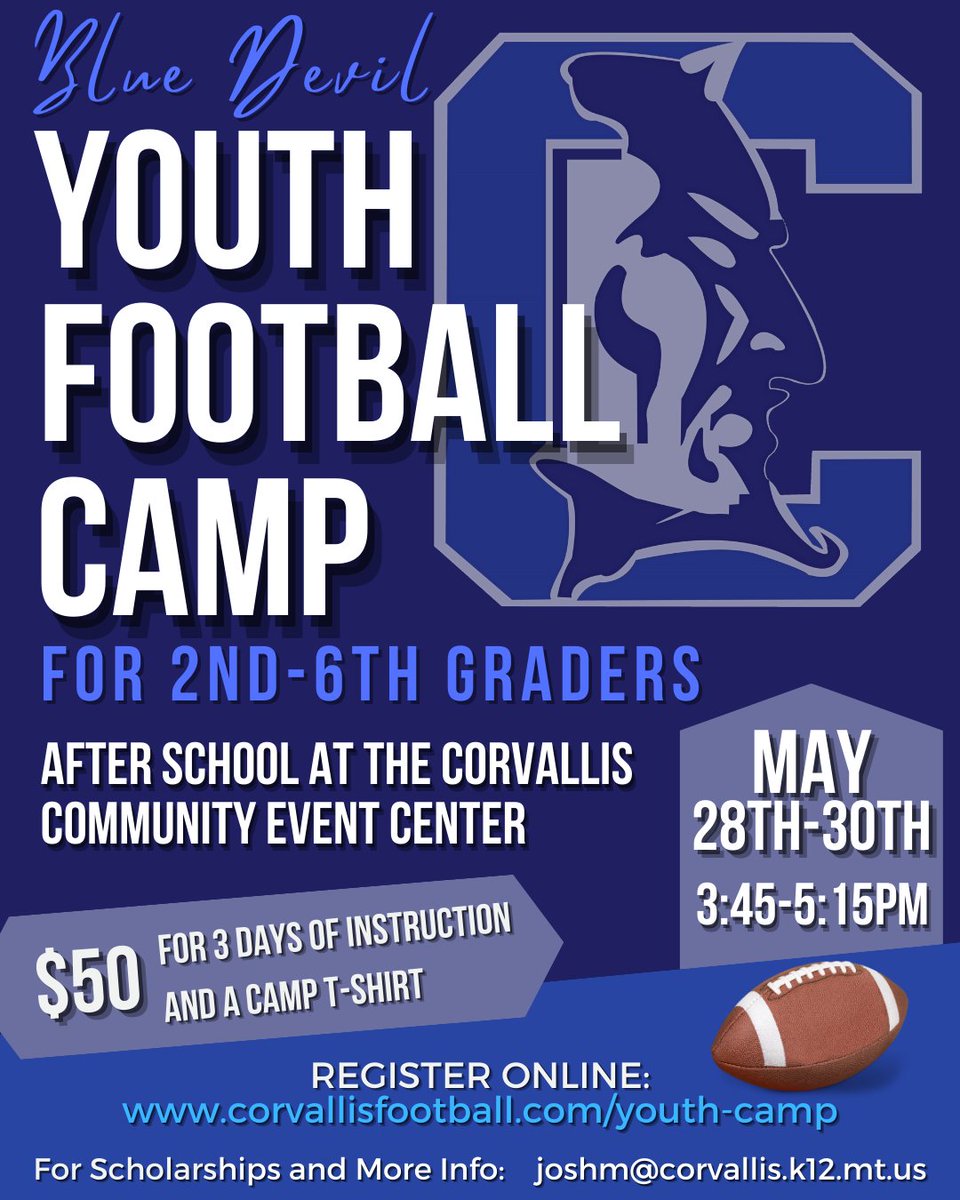 Registrations are now open for 2024 Blue Devil Football Camp! 🏈 Visit corvallisfootball.com to sign up your athletes for 3 after school sessions of skill development and fun challenges. All communities and all skill levels are welcome to attend!