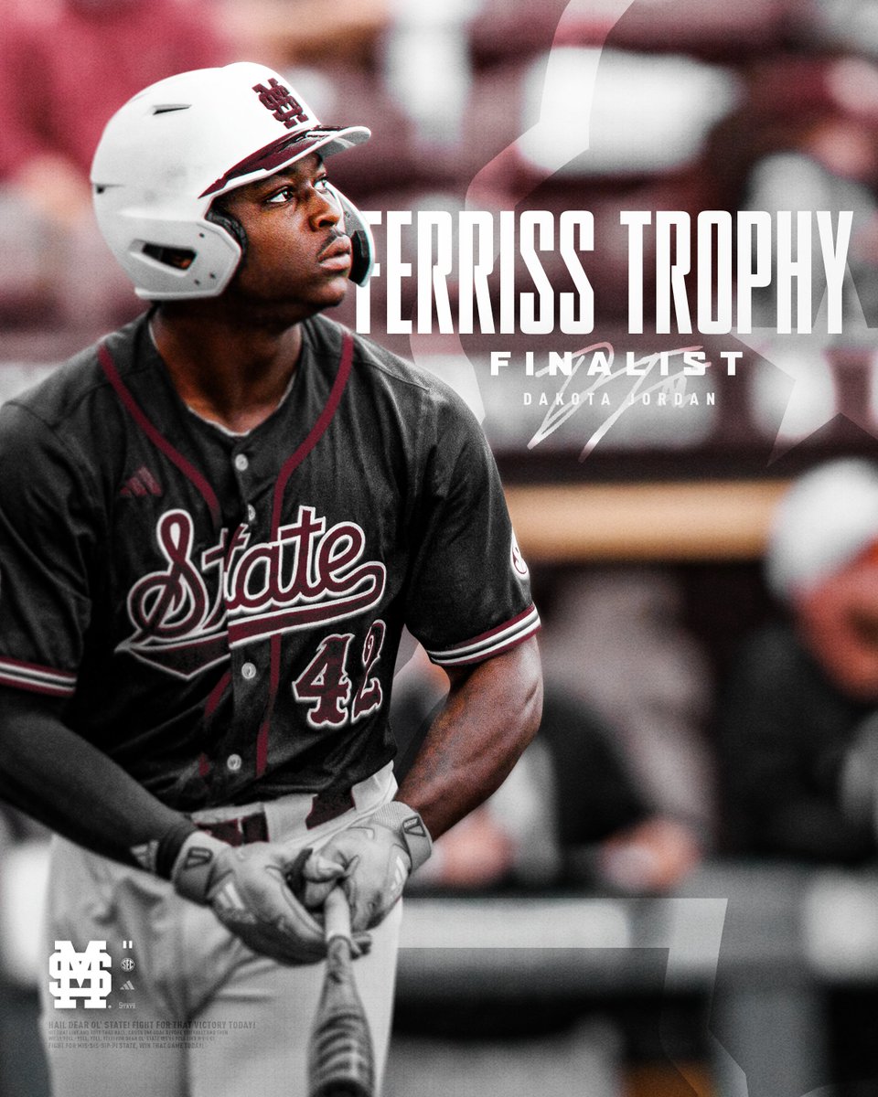 🏆 𝐅𝐞𝐫𝐫𝐢𝐬𝐬 𝐓𝐫𝐨𝐩𝐡𝐲 𝐅𝐢𝐧𝐚𝐥𝐢𝐬𝐭 🏆 Congratulations to Dakota Jordan for being named one of five finalists for the 2024 Ferriss Trophy, which goes to the Most Outstanding Baseball Player in Mississippi! 🔗➡️ hailst.at/3UQv48b #HailState🐶