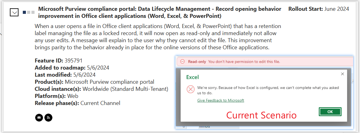 365Fanatic's tweet photo. Great news that they are improving the visibility of items marked as records inside Office applications. Currently, you only receive an error when saving the items or saying that it is Read-Only. 

#MicrosoftPurview #RecordsManagement #Microsoft365 https://t.co/yYFPUUnNe7