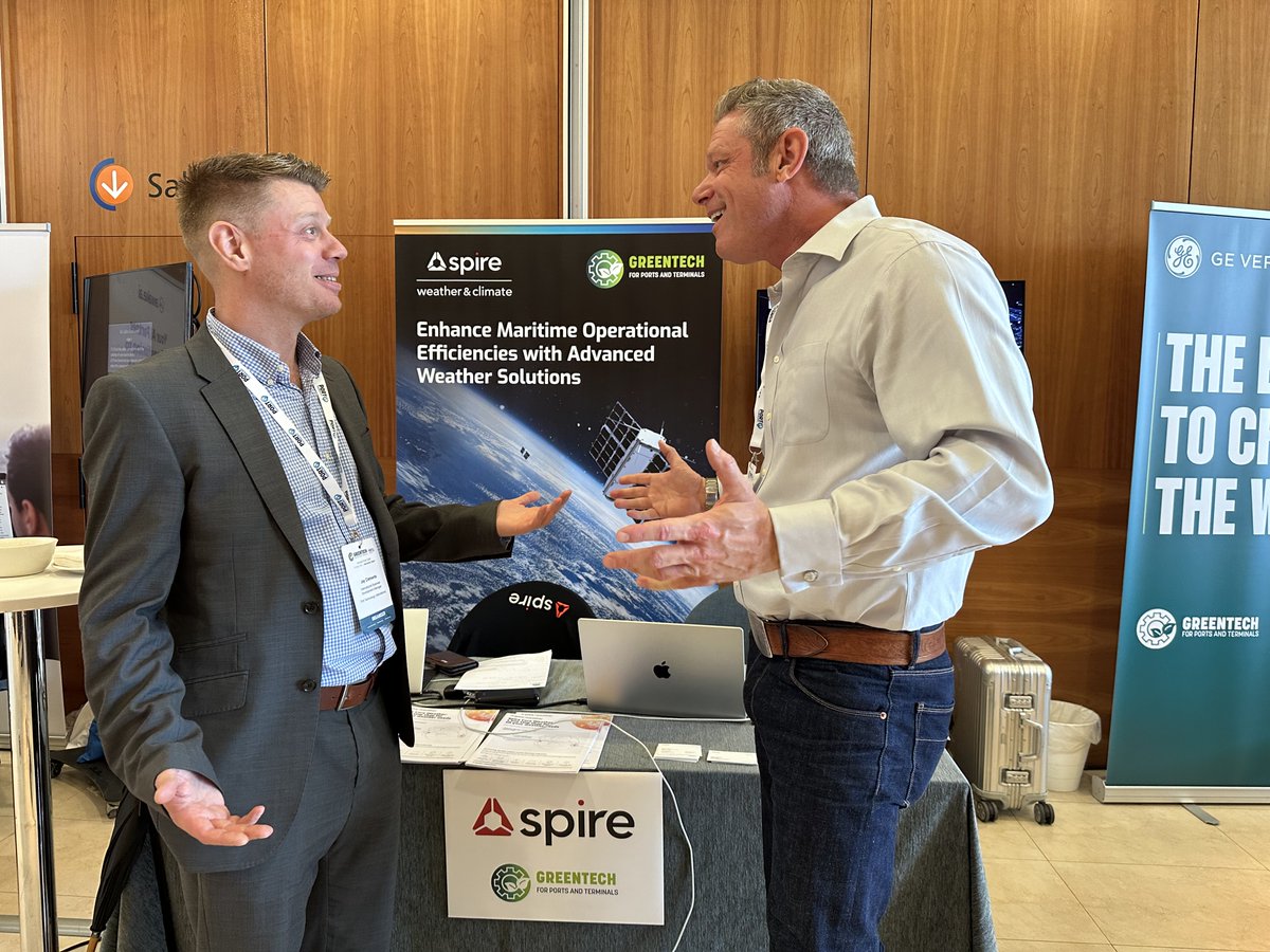 SpireWxClimate's tweet image. It was a productive first day at @PortTechnology #GreenTech2024. Spire&apos;s @JamesVanFleet and Maikel Laukens look forward to Wednesday’s speakers, panel discussions, and meetings with prospective partners. Stop by @SpireGlobal’s booth to chat with our team! #InSpire
