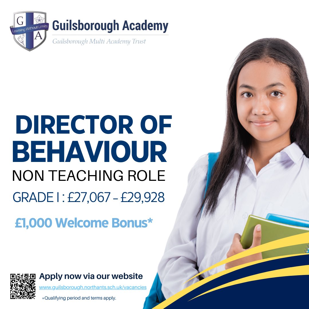 We are #hiring a Director of Behaviour, who is integral to supporting our team pastoral structure. 

PLUS... 
👉 £1,000 Joining Bonus!
👉 A brand new Employee Benefits Package! 

Please checkout the full candidate information pack here: guilsborough.northants.sch.uk/vacancies
#educationjobs