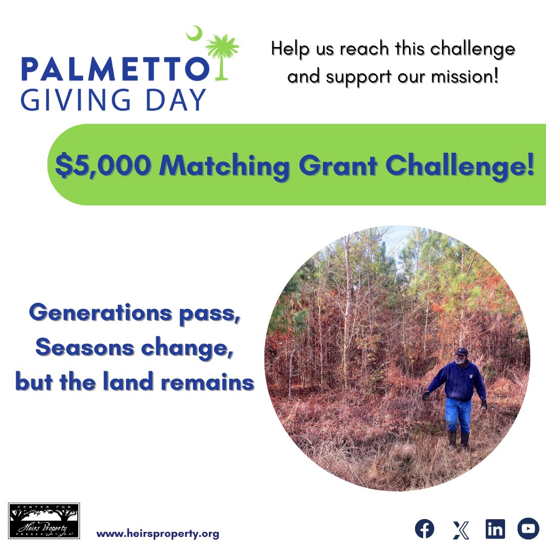 News Alert: We've been presented with a $5,000 matching grant challenge! Help us unlock this grant and support our mission to protect family land and build generational wealth. So, far we have raised $14,885! We appreciate your support! palmettogivingday.org/organizations/…
#PalmettoGivingDay