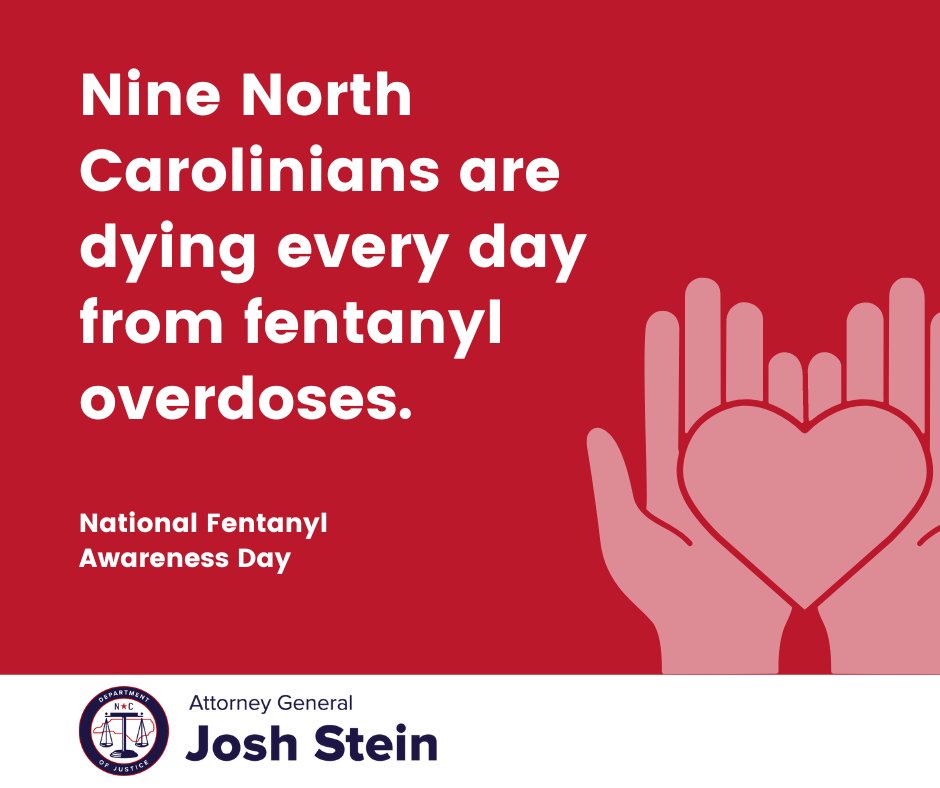 Today is Fentanyl Awareness Day. Nine North Carolinians are dying every day from fentanyl overdoses. Attorney General @JoshStein_ is working with law enforcement and prosecutors to address the deadly fentanyl crisis, get drugs off our street, and protect our communities.