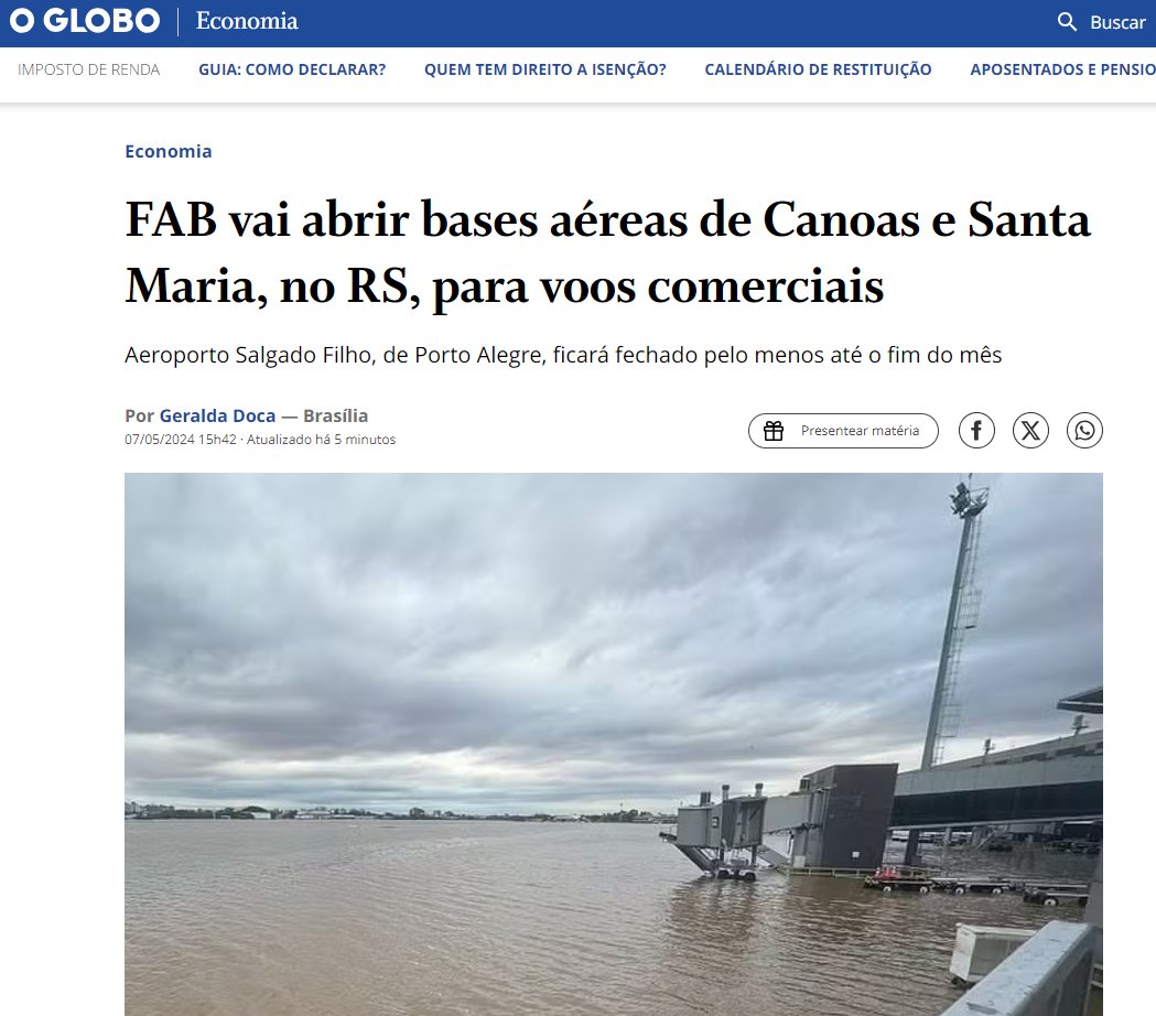 Do Globo: FAB vai abrir bases aéreas de Canoas e Santa Maria para voos comerciais A Força Aérea Brasileira (FAB) vai abrir as bases aéreas de Canoas e Santa Maria, no Rio Grande do Sul, para voos comerciais da Latam, Gol e Azul. As medidas fazem parte de operação emergencial da…