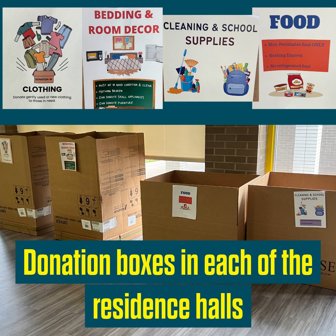 Hawks, Do you have items you don't want to take with you or don't have room for? We have donation boxes set up at each of the residence halls for clothing, room decor items, bedding, food, cleaning and school supplies. #quincyuniversity #donate, #savetheplanet