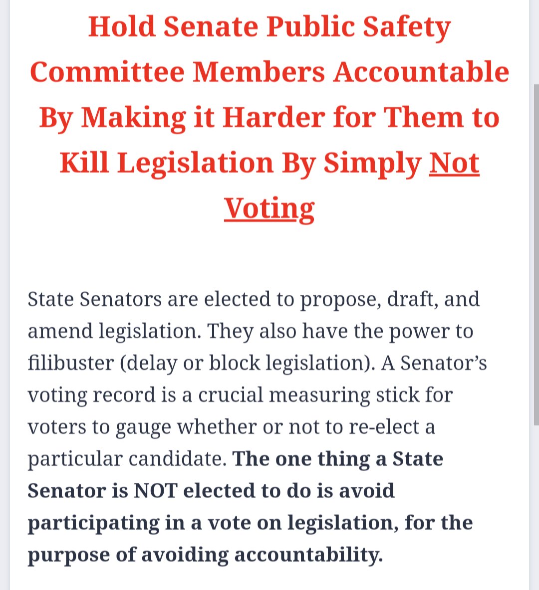 It only takes 30 seconds. Hit this link to tell our State Senators to vote NO on bad legislation instead of not voting at all 👇 form.jotform.com/241270826766159