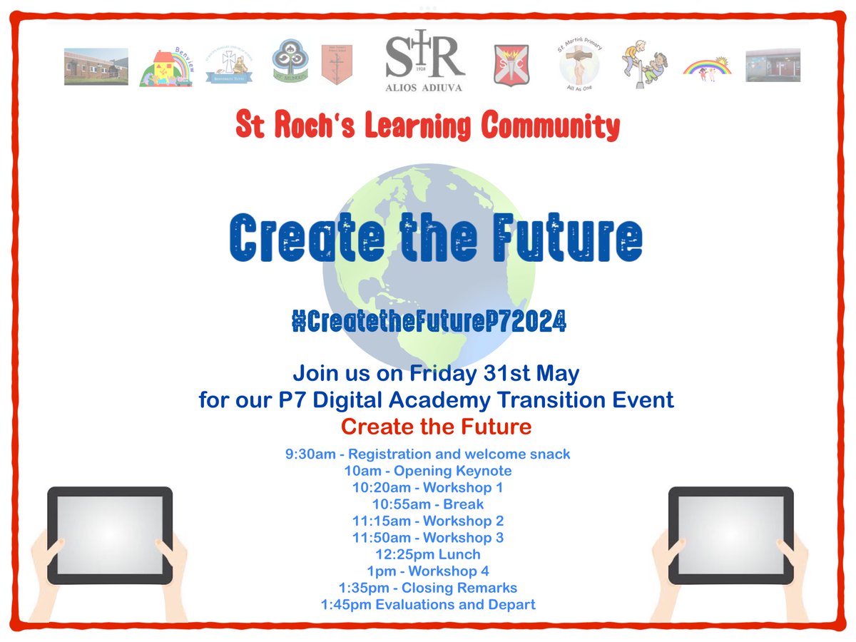 The countdown is on!🥳🤩🎉 We’re excited to host our second Create the Future - Primary 7 Digital Academy Transition Event on Friday 31st May! #CreatetheFutureP72024 @StTeresasPS @St_Mungos_Pri @SaintRochsPS @St_Rochs