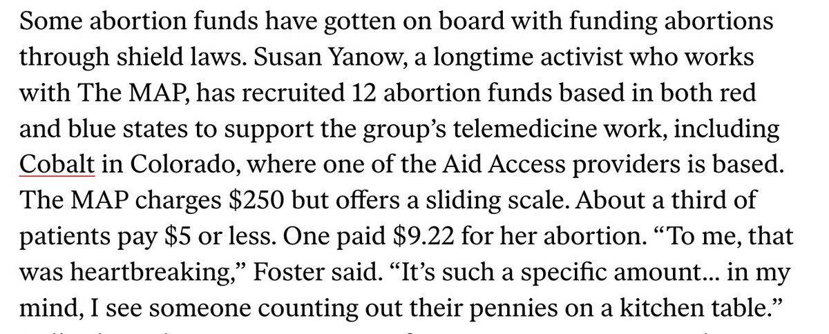 this is a great piece. one notable aspect: some red state abortion funds don't feel comfortable ordering free/low-cost pills from blue shield law states, even though it's much cheaper than out-of-state travel. legal risk tolerance varies. other funds do. twitter.com/amylittlefield…