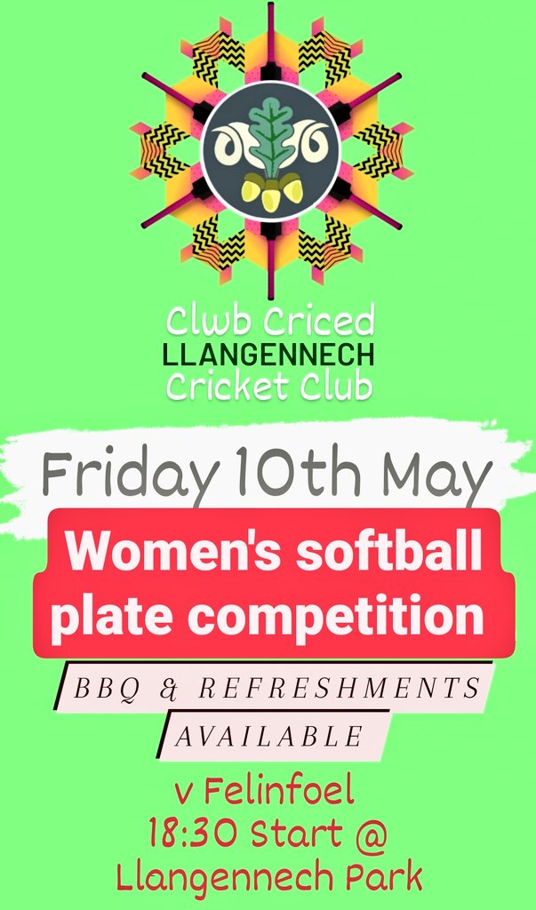 llangennechcc's tweet photo. This Friday night down the park, we are opening up the season for the women with a softball cup game against Felinfoel Cricket Club 

BBQ and refreshments will be available 🌞 🌞 

Come and support the ladies as they embark on another busy season of cricket! 🏏😁 https://t.co/aNNfoRBKno