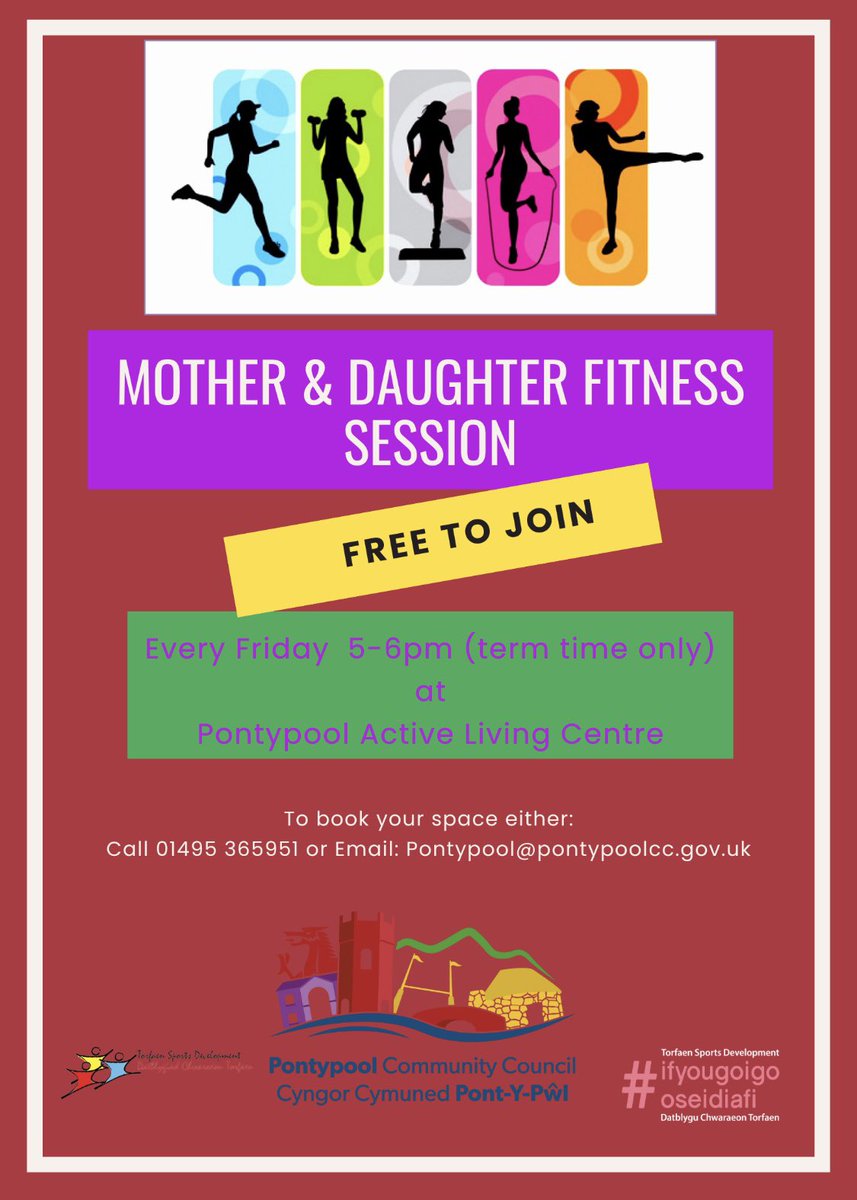 ⭐️ FREE mother & daughter fitness session this Friday from 5-6pm in Pontypool Active Living Centre! 💪 ⭐️ This session is a great way to exercise together & to build healthy habits! To book onto the FREE session please email pontypool@pontypoolcc.gov.uk or call 01495 365951 🙌