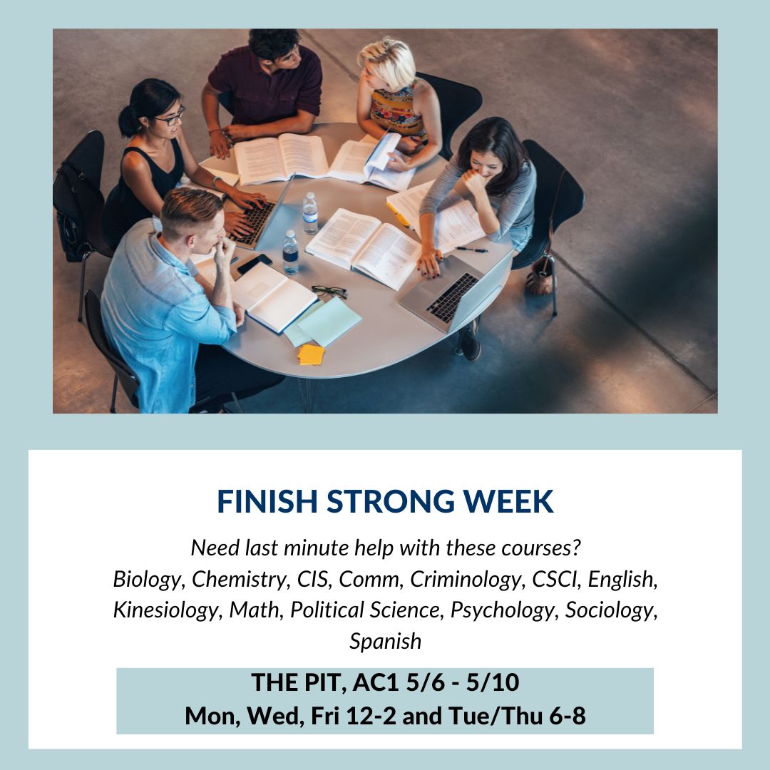 Clovis_TC's tweet image. Need a little extra help during Finish Strong week? Come visit the pit in AC1 and get help from your professor.

#finishstrong #clovistutorialcenter #cloviscommunitycollege
