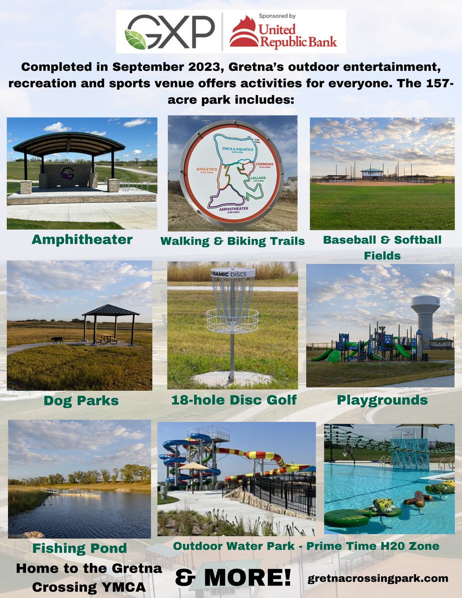 Take a look at the GXP (Gretna Crossing Park) just completed in September 2023. The Park website is currently active. gretnacrossingpark.com  If your our interested in hosting an event at the park (Big or small) contact DeAnna Whittemore deanna@cityofgretna.com