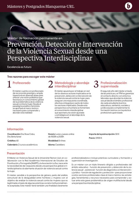 Compañeras y amigas, a finales de septiembre comienza a impartirse un MÁSTER SOBRE VIOLENCIA SEXUAL, especializado en PROSTITUCIÓN y PORNOGRAFÍA. Es único en la universidad española. Dirigido a profesionales, estudiantes, feministas... No os lo perdáis.