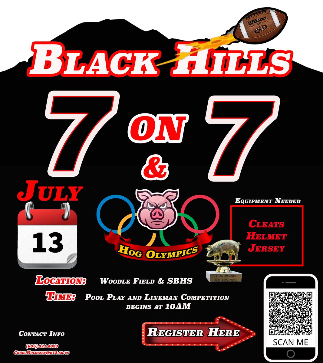 📢Coaches in the area!!  We will be hosting a 7on7 tournament &amp; Hog Olympics on July 13.  Great Opportunity to Compete!!