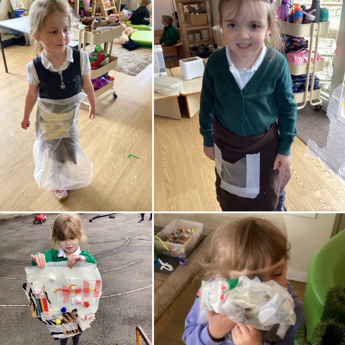 A busy group of Tiny Acorns decided to explore the fabric: cutting, adding decorations and finding ways to hold pieces together. Making blankets, pillows and skirts- I like the brown skirt with a pocket! Lovely to see them checking they would fit them and making adjustments!