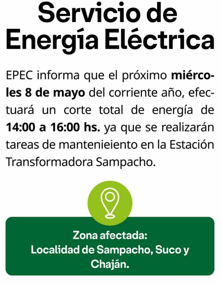 CORTE DE ENERGIA ELÉCTRICA PARA SAMPACHO, SUCO Y CHAJAN  EN FECHA 8 DE MAYO