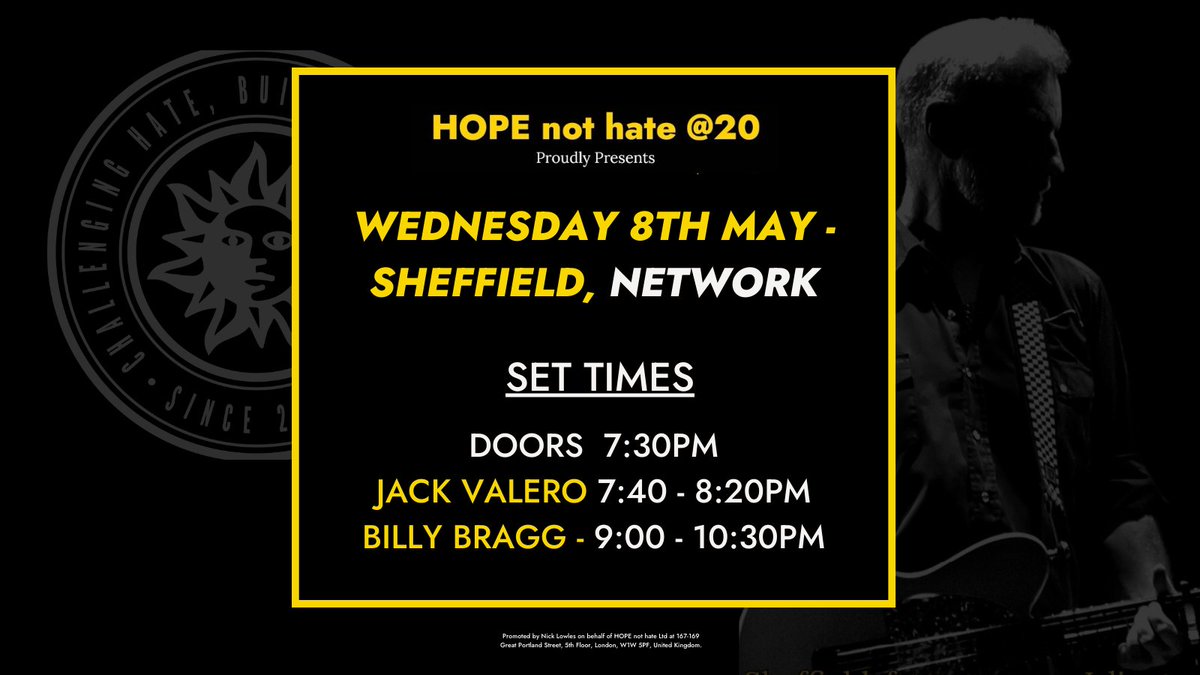 The HNH @ 20 tour begins tomorrow in Sheffield!📍 See @billybraggofficial and @jackvaleromusic live as we celebrate 20 years 🥳 🔗 Final call for tickets: fatsoma.com/e/uwyxucgn/bil…