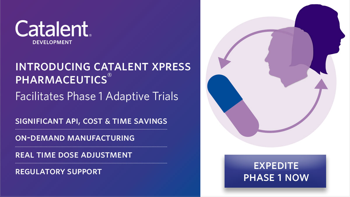 Introducing Catalent Xpress Pharmaceutics®: Formulation development with on-demand clinical manufacturing, regulatory support, and clinical testing for efficient First-in-Human studies. Fast-track to Phase 1 in 4-6 months! #AdaptiveTrials #DrugDevelopment ow.ly/fteH50RyKZU