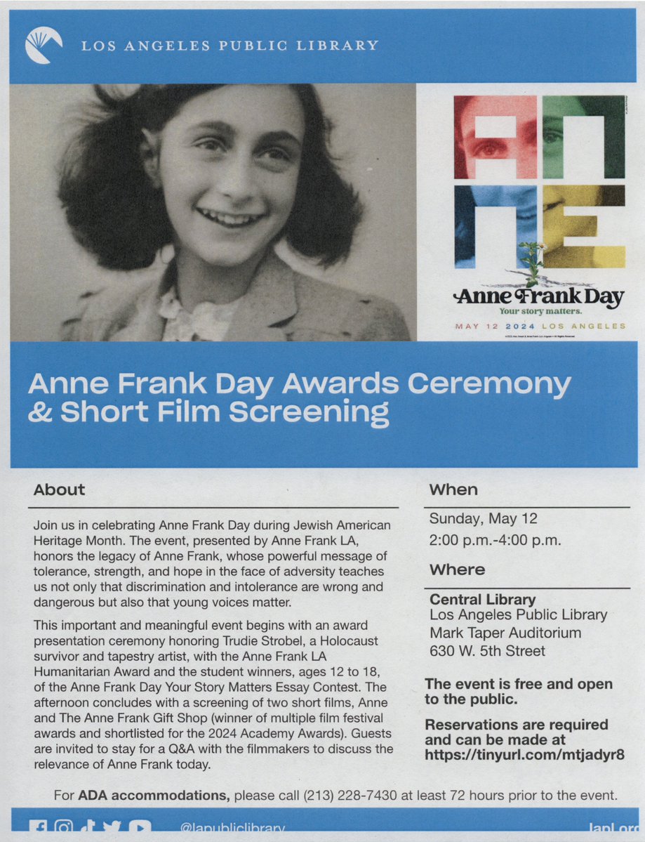 This Sunday, May 12, at Central Library, #LAPL will honor the legacy of Anne Frank with a special screening of two short films, and an award presentation for student winners of the Anne Frank Day Your Story Matters Essay Contest and more. #AnneFrank #JAHM 
lapl.org/whats-on/event…