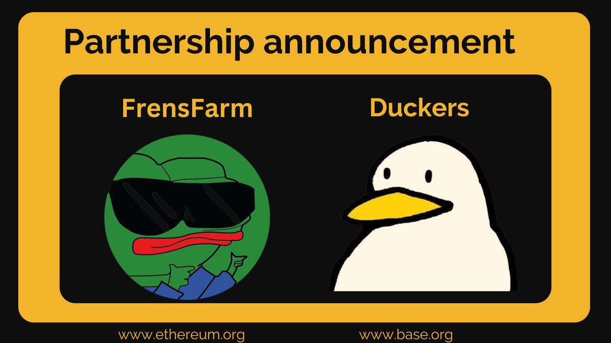 I'm happy to announce the partnership between @FrensFarm and @baseduckers ! @FrensFarm is a gem on @ethereum - an old school PEPE/ETH farm giving fixed daily $APU rewards for a year! Their token $APU is live for 200+ days. Organic build, 800 holders and NASCAR sponsorship.
