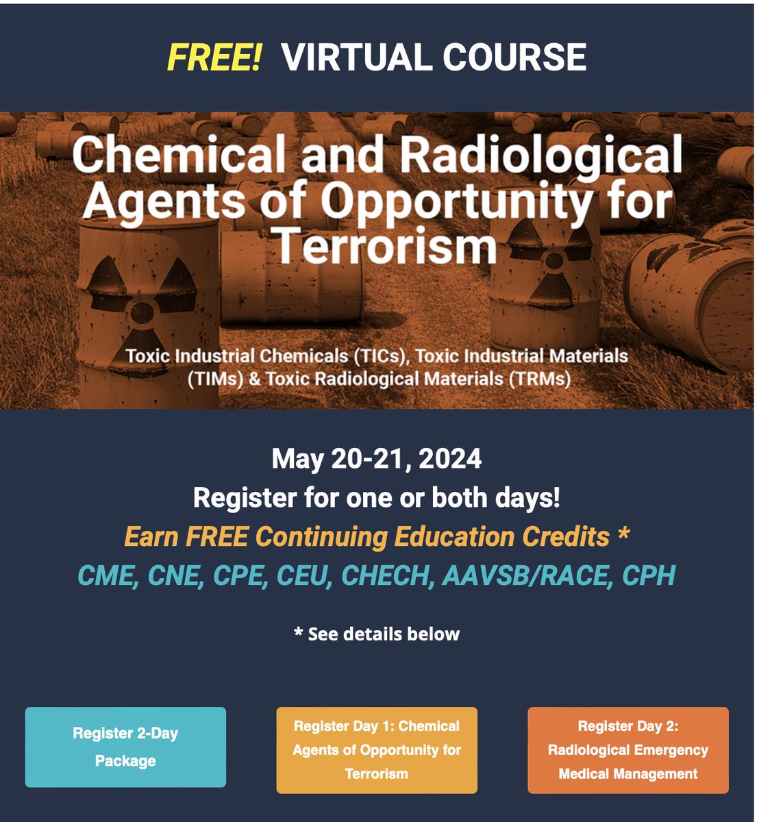 Free 2-day Online Chem-Rad course with @acmtmedtox on May 20 and REAC/TS on May 20th and May 21. This course awards CME, CNE, CPE, and others. The course 'package' - you can register here for both days simultaneously: education.acmt.net/p/CRAOT_May2024 Day 1 | Chem (May 20):…