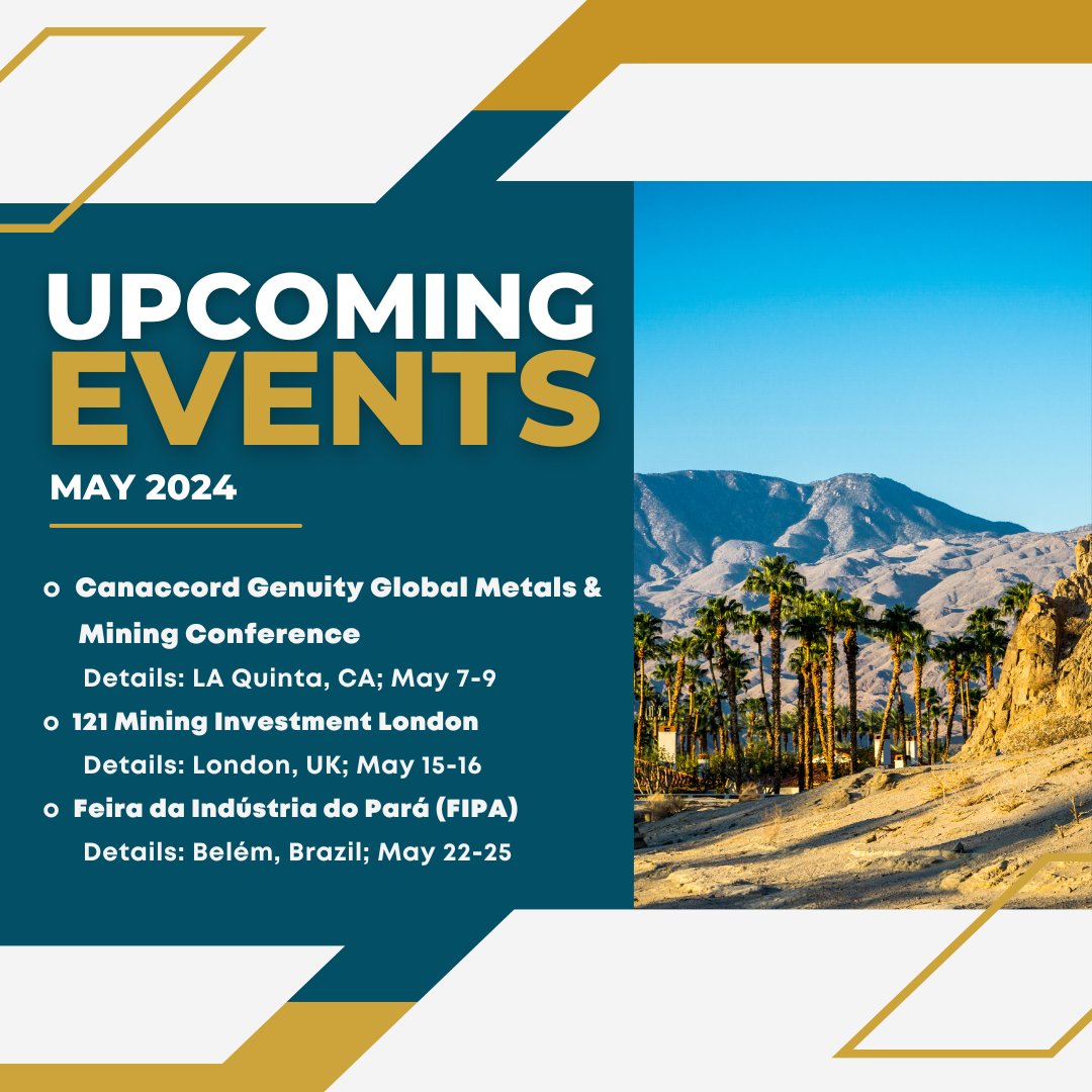 Look for G Mining Ventures at the following events over May!

⁠
#mining #gminingventures #gold #goldmining #miningindustry #capitalprojects #naturalresourceinvesting #conference #gmin #gminf $gmif $gmin.to