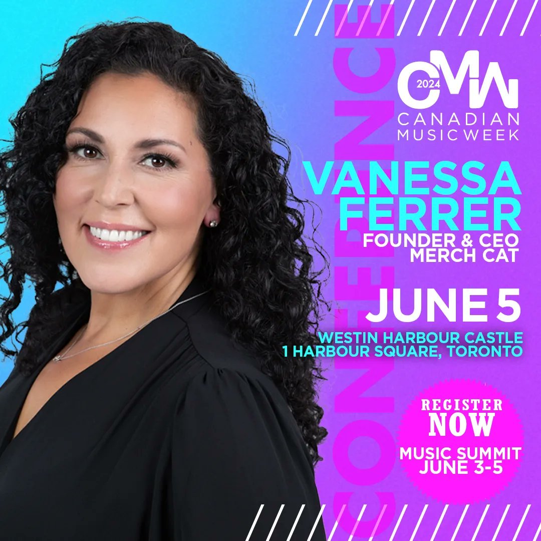 We are thrilled to announce Vanessa Ferrer, founder & and CEO of Merch Cat, at #CMW2024. Passes are on sale now. bit.ly/4cZwpAE 🎟🔗 #canadianmusic #musicsummit  #musicindustry #Toronto #musicconference #canadianmusicweek