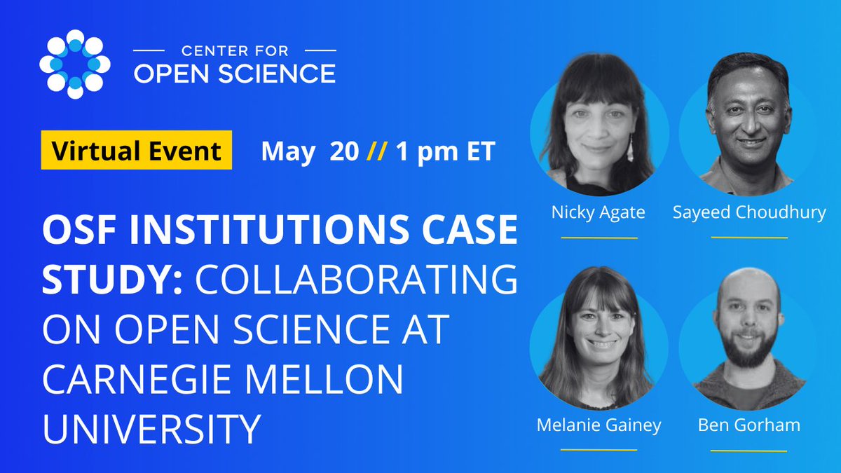 Wondering how other institutions, libraries, and departments support open scholarship? Join us on May 20 for a deep dive with guests from Carnegie Mellon University's Open at CMU program, a unit dedicated to advancing open science initiatives. Register: cos-io.zoom.us/webinar/regist…