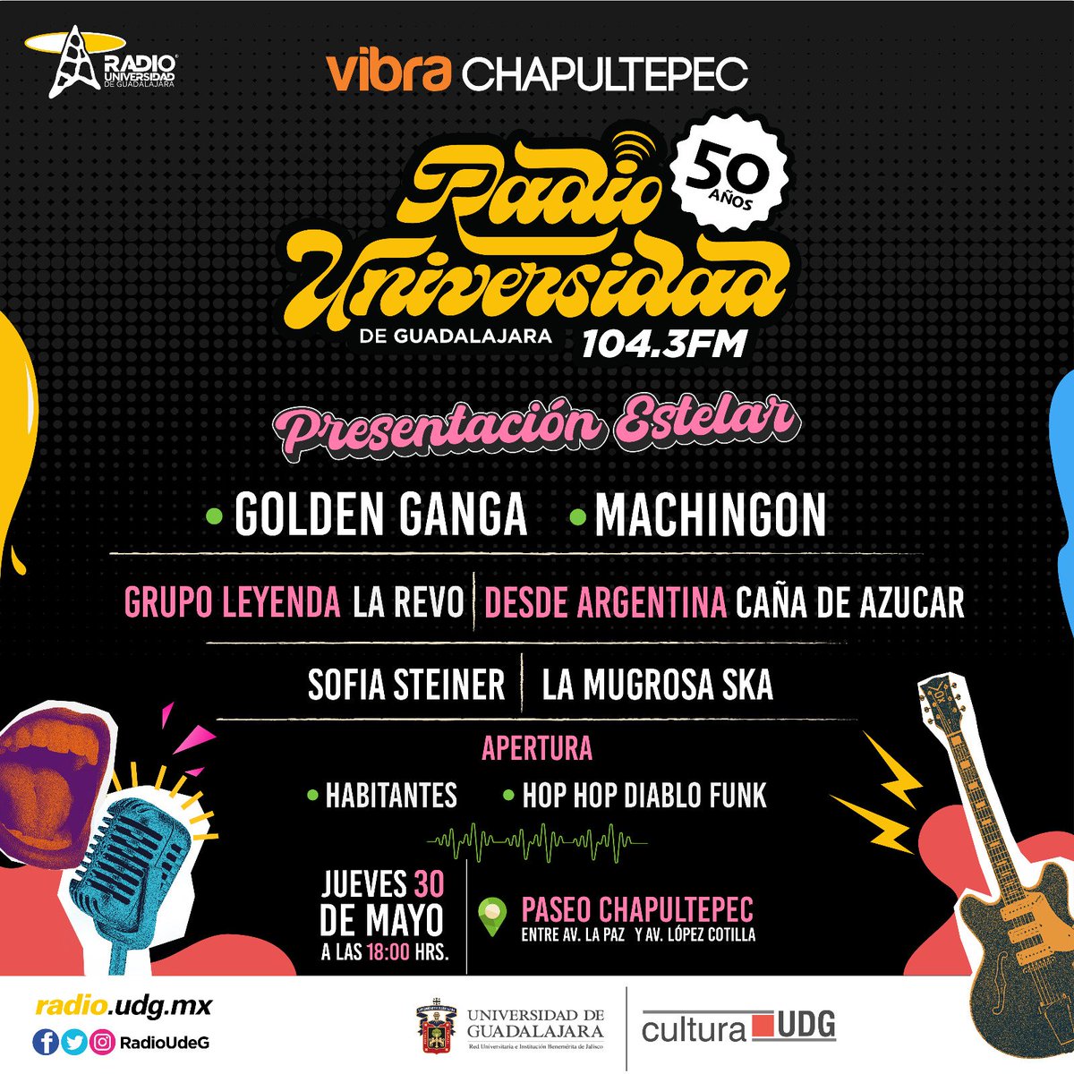 Vuelven los conciertos de Vibra Chapultepec. Vamos a celebrar los primeros 50 años al aire de @RadioUdeG Ahí nos vemos. ¡Que las calles sean para bailar!