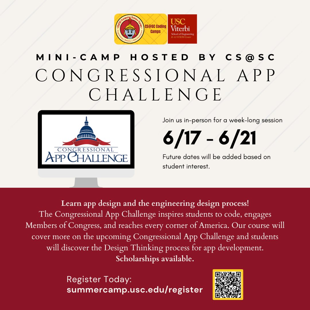 Dive into the world of app design and engineering! Join us at our summer program where you'll explore the Congressional App Challenge.

Scholarships available. Sign up now at: summercamp.usc.edu/register.

#Houseofcode #AppChallenge