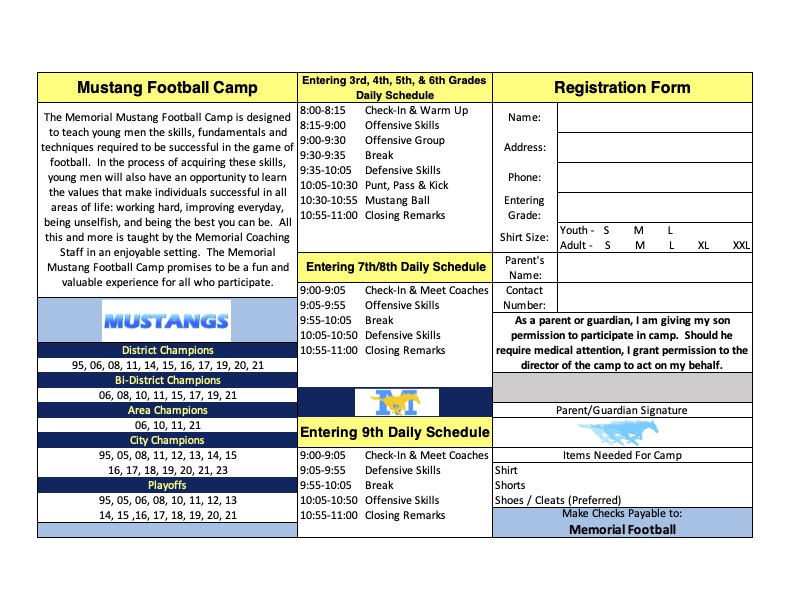 🚨Lil' Mustang Football Camp🏈🚨 Come join us on Monday, June 3-Wednesday, June 5 for some fun in the sun! Camp Registration Link: forms.gle/8LUyUvV6kKFEY9… Check out everything that Memorial Athletics is offering this Summer at: mcmemfootball.com