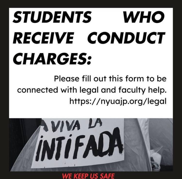 from the NYU encampment telegram: NYU is trying to distract us with student conduct hearings while actively bankrolling a genocide that is entering its 8th month. Call and email student conduct officers and urge them to listen to students’ demands.