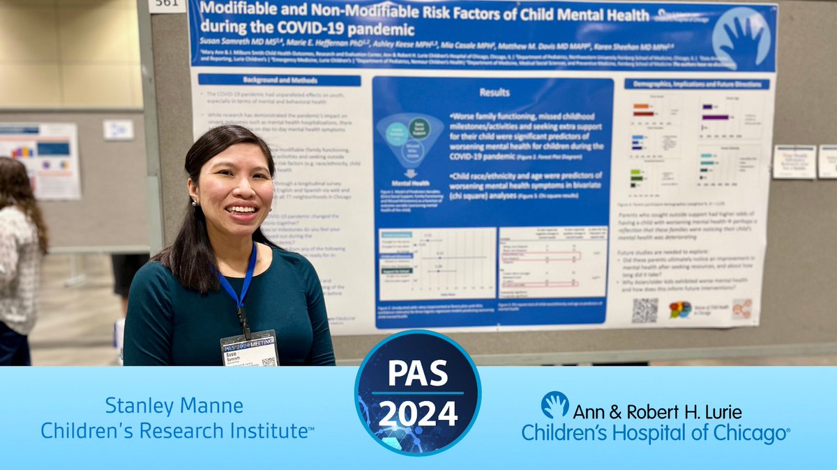 Susan Samreth, MD, MS, shared her research on risk factors of #pediatric #mentalhealth during COVID-19 at #PAS2024. @LurieChildrens @NUFSMPediatrics @NUFeinbergMed @PASMeeting