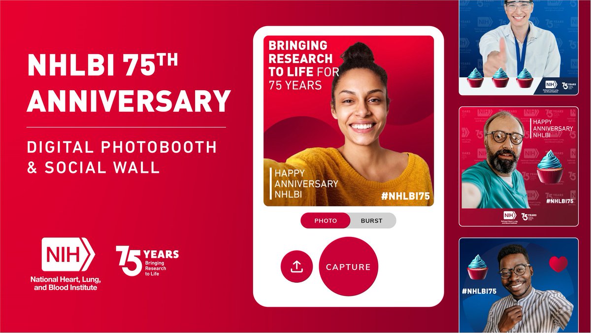 We’re wishing @nih_nhlbi a happy 75th anniversary. Join us by visiting NHLBI’s 75th Anniversary Digital Photo Booth to share your message. #NHLBI75 nhlbi75.onsnapshot.com