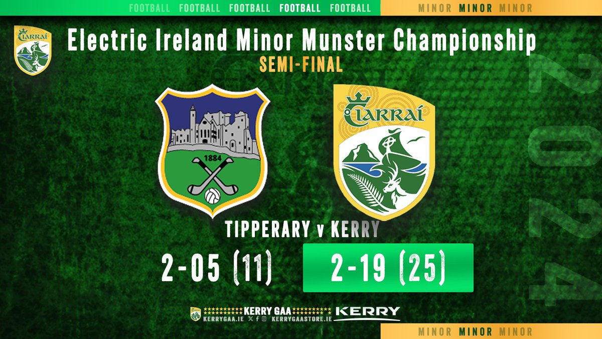 Kerry_Official's tweet image. 🏐 Full Time in FBD Semple Stadium, Thurles in the 2024 Electric Ireland Munster Minor Football Championship Semi-Final, Tipperary v Kerry.

#WeAreKerry #CiarraíAbú