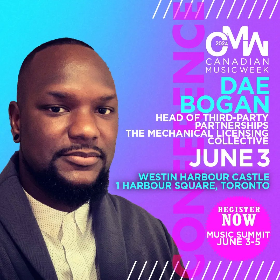 We are thrilled to announce Dae Bogan, Head of Third-Party Partnerships, The Mechanical Licensing Collective, as a speaker at #CMW2024. Passes are on sale now. bit.ly/4cZwpAE 🎟🔗 #canadianmusic #musicsummit  #musicindustry #Toronto #musicconference #canadianmusicweek