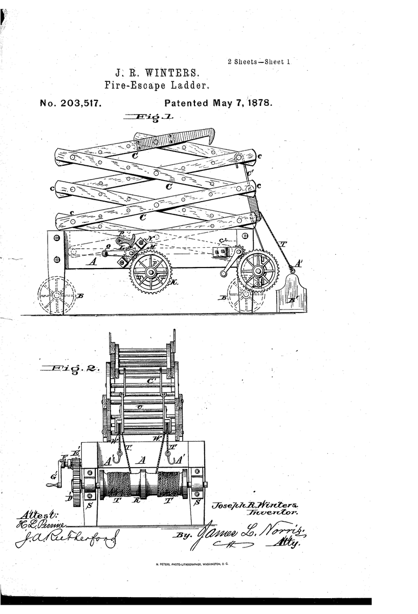 On this date in #innovation history: Joseph Winters receives a #patent in 1878 for his #invention of a fire escape ladder for use in the increasingly high buildings being built in US cities in the late 19th century #PatentsMatter #PatentsSaveLives @uspto