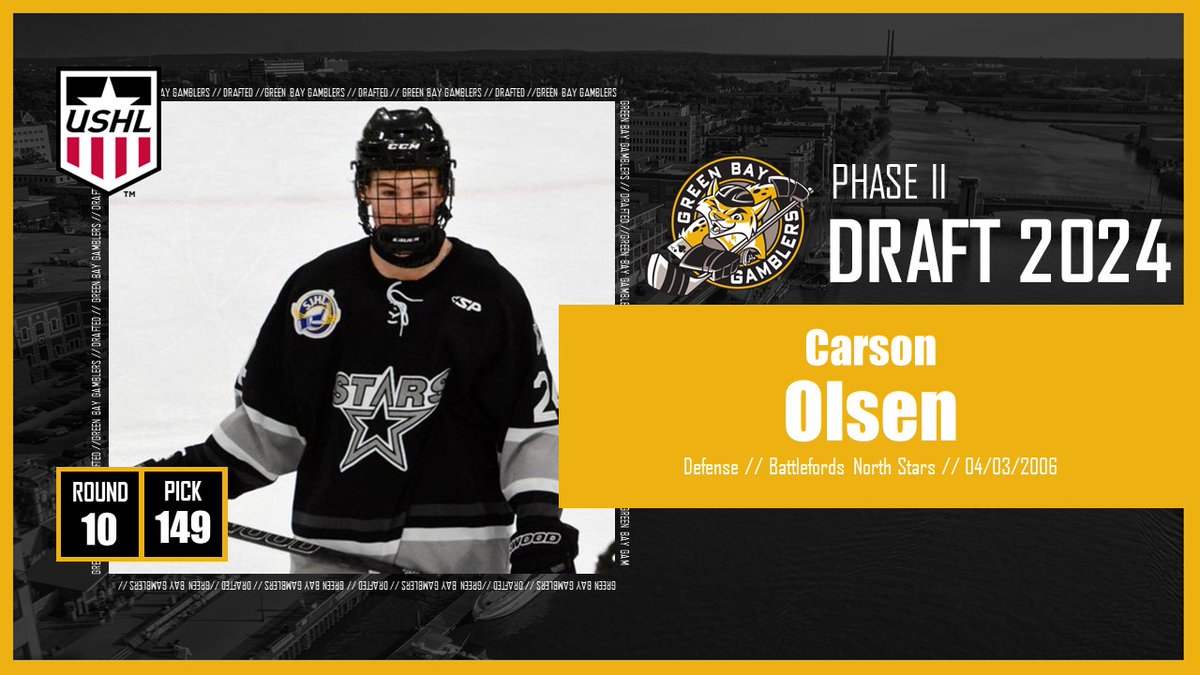 Gamblers select Carson Olsen in the 10th round of the Phase II USHL draft. Olsen played 51 games with the Battlefords North Stars, tallying 10 goals and 20 assists last season. #GoGamblers