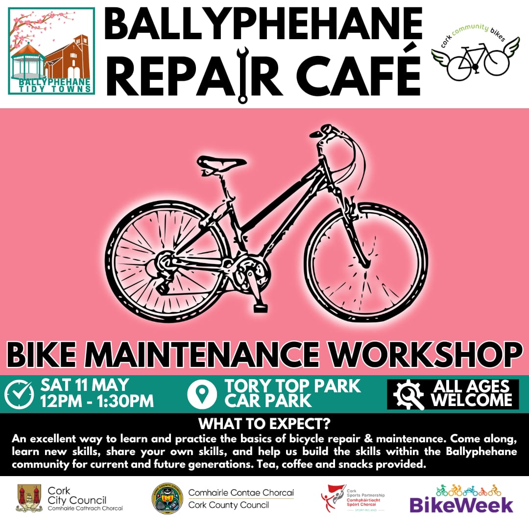 🚴‍♀️🔧 Join us for a workshop hosted by the fantastic folks at Cork Community Bikes 

📅 Date: 11th May
🕛 Time: 12:00 - 1:30 PM
📍 Location: Tory Top Park

We all have that bike sitting in the shed, bring it along and get it ready for summer. 
#BikeWeek 
#LoveYourHane
#TidyTowns