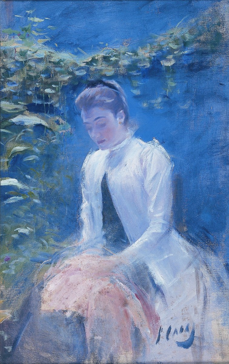 ⚪️ Una de les obres de les nostres col·leccions que millor evoquen la primavera: 📌 ‘Noia de blanc’ (c. 1891), de Ramon Casas, pintura a l'oli sobre tela, 55,2 x 35,1 cm. Museu del Cau Ferrat