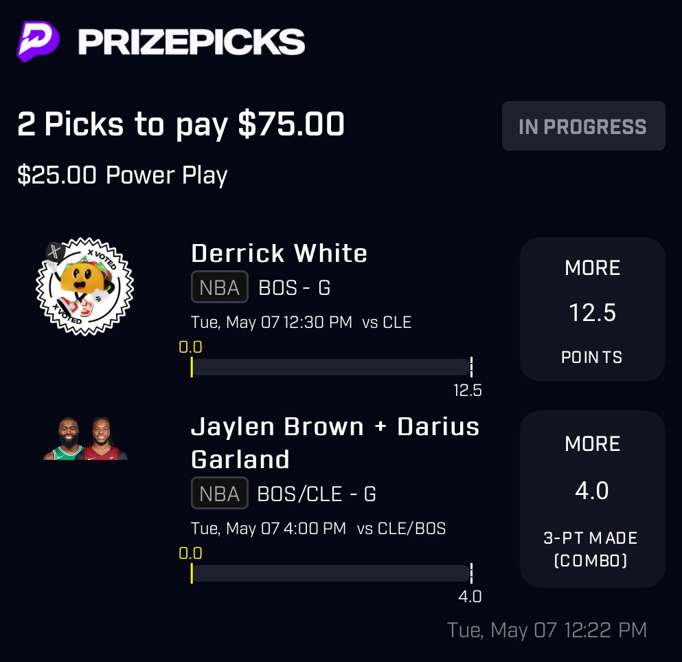 DERRICK WHITE TACO 🌮 Jaylen Brown -255 DK to hit 2+ 3’s Garland -166 DK to hit 2+ 3’s Quick tail: prizepicks.onelink.me/gCQS/shareEntr… #PrizePicks #NBA #GamblingX #GamblingTwitter