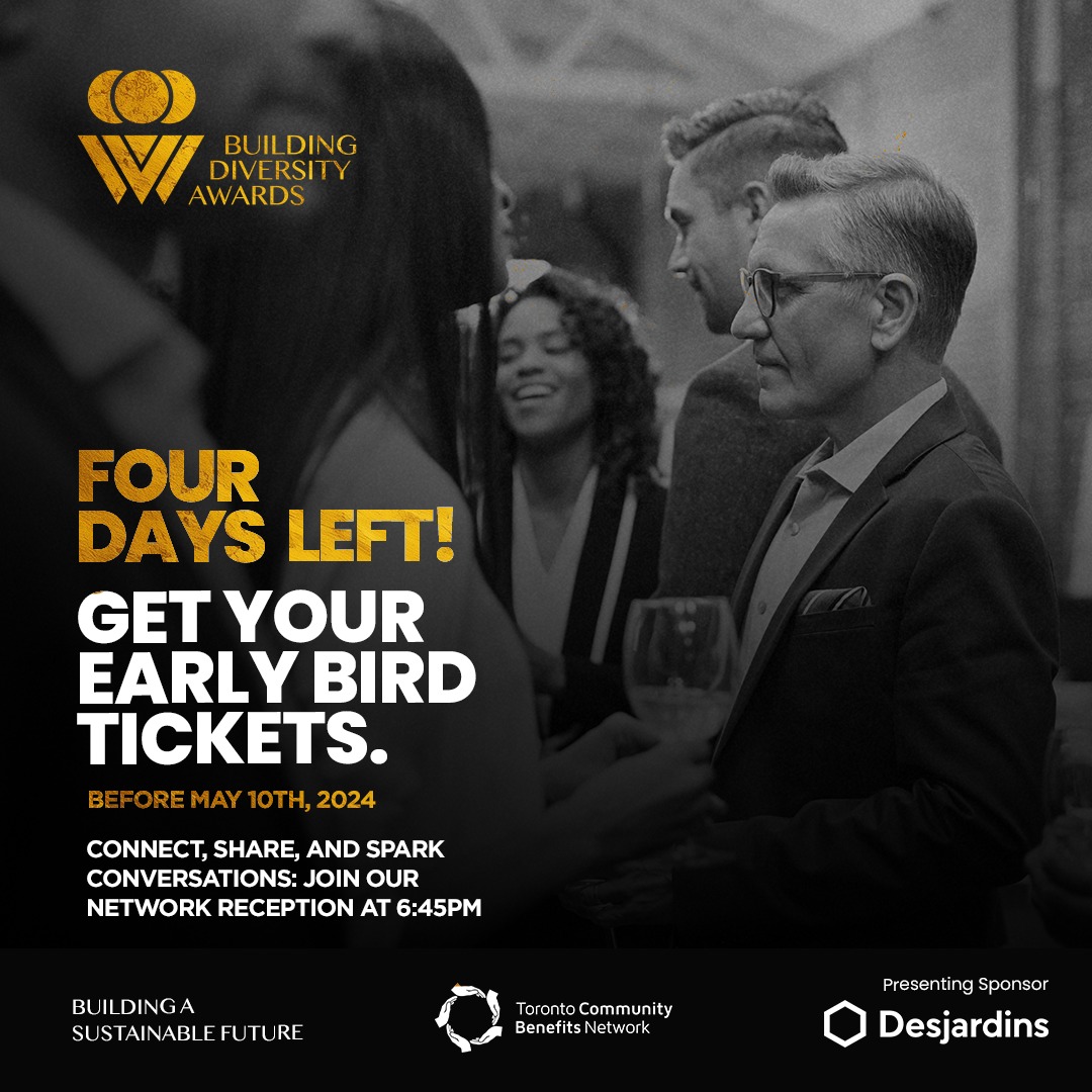 FOUR DAYS LEFT!

Connect, share, and spark conversations at the Network Reception at this year's Building Diversity Awards

Early bird tickets are on sale until May 10th at buildingdiversity.communitybenefits.ca/tickets

#BuildingDiversityAwards2024 #mentorship #diversityandinclusion #CommunityBenefits