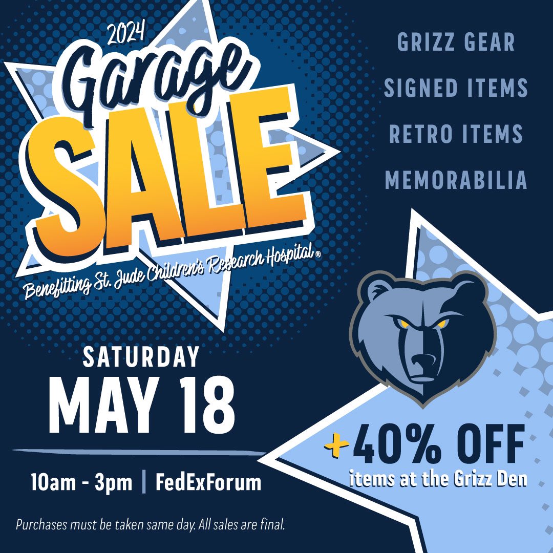 garage sale may 18th benefitting @StJude ‼️ plus 40% off items in the Grizz Den @FedExForum 🔗: bit.ly/3WxzTVc