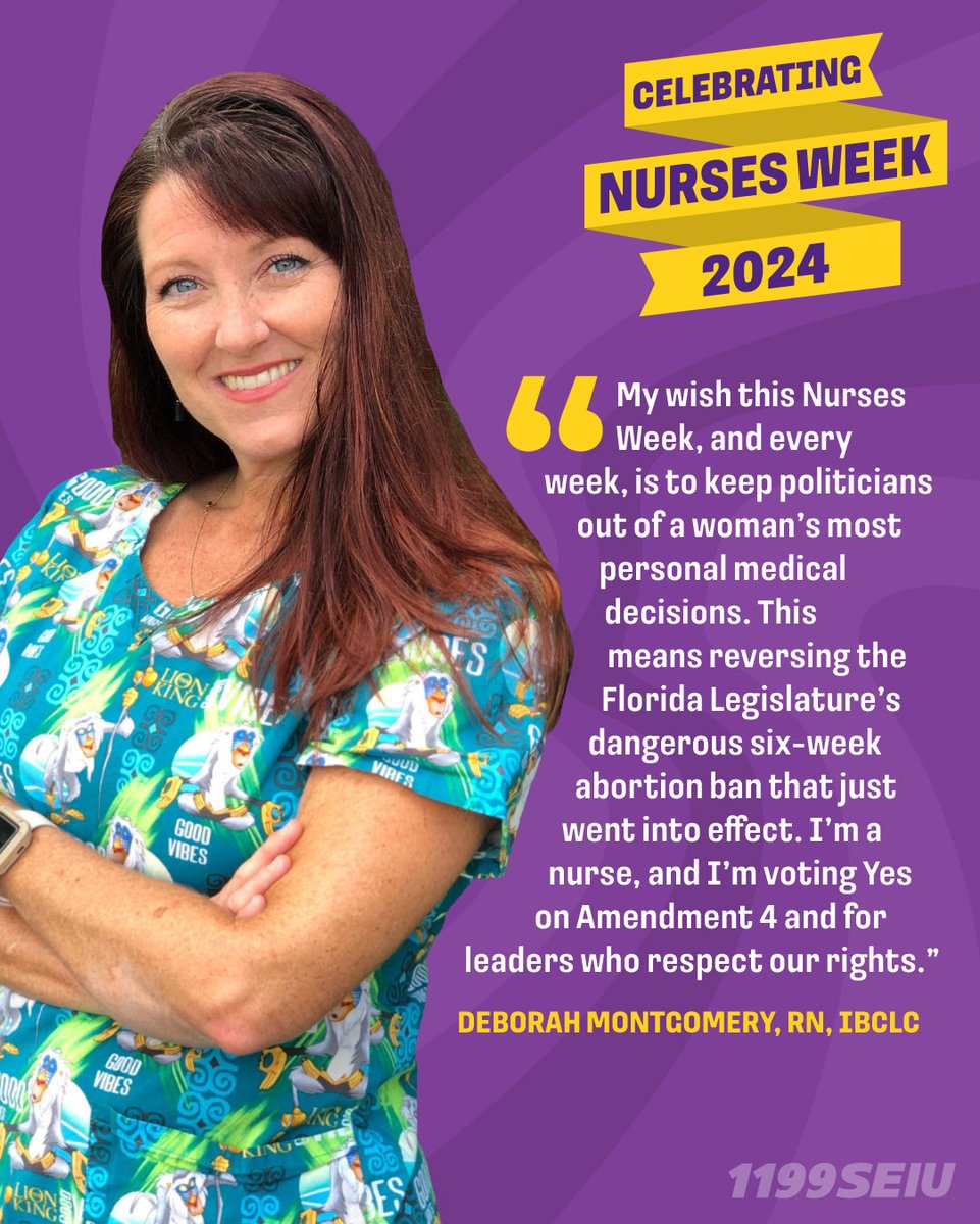 In recognition of #NursesWeek, we’re featuring a few of our incredible nurses who share their words of wisdom about their profession and a variety of critical issues like protecting reproductive rights in Florida. @1199seiu #YesOn4