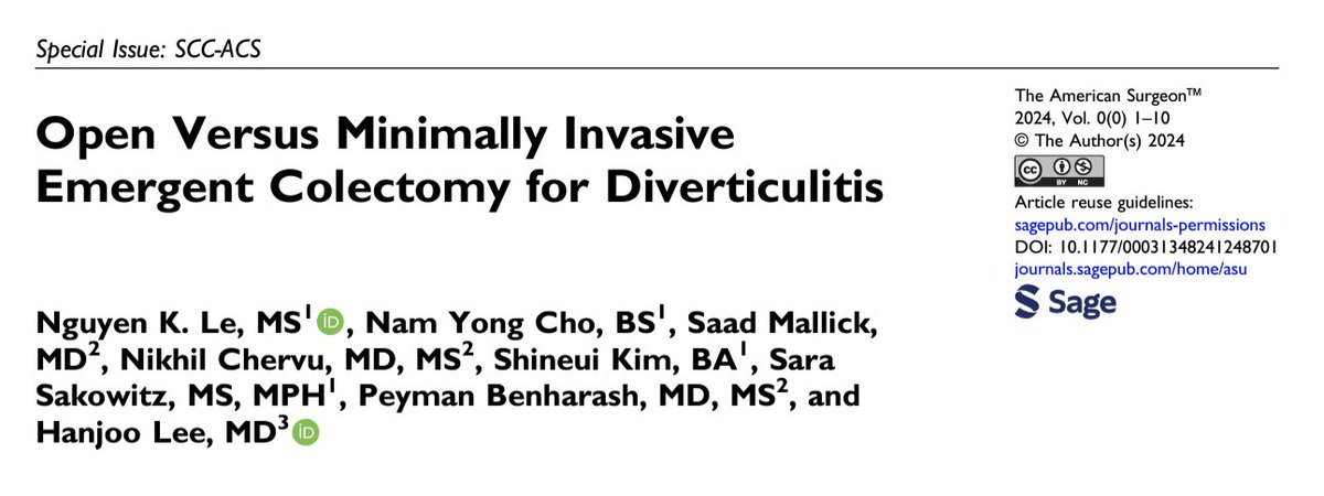 Our latest publication in @SESC_AmSurg: Led by @HanjooLee4, N Le, @NamYong_Cho, S Mallick & co evaluate open vs #MIS approaches for acute #diverticulitis. MIS was linked with: ⬇️ Reduced MAE 🏠 Shorter LOS 🏥 Lower odds of non-home discharge @dgsomucla @UCLASurgeryRes #NSQIP