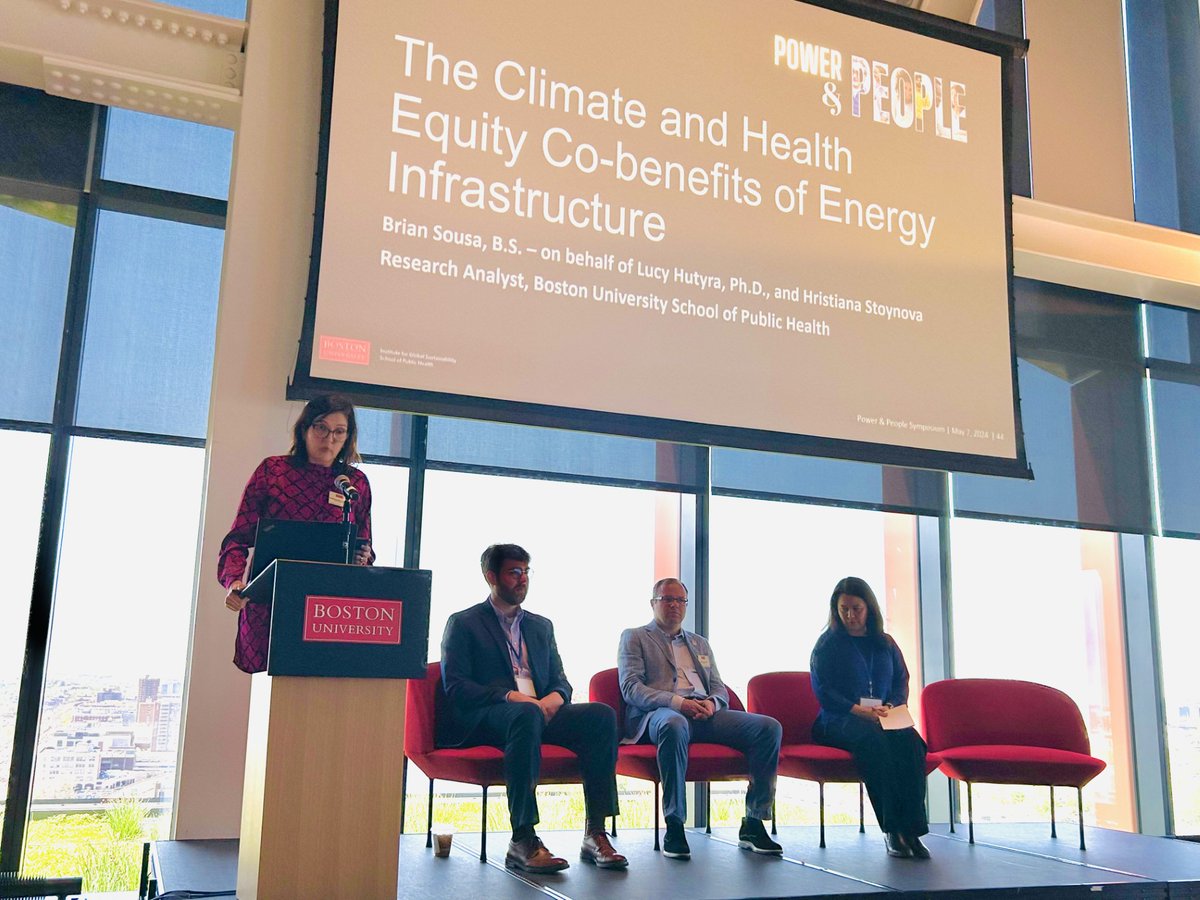 Climate action has vast co-benefits for #health and #equity, discuss Brian Sousa of @BUSPH, @zeynebmagavi of @HEET_MA, and IGS's @BenjaminSovaco1 at this afternoon's first panel. A transition to clean energy infrastructure has 128 co-benefits - from better jobs to cleaner air.