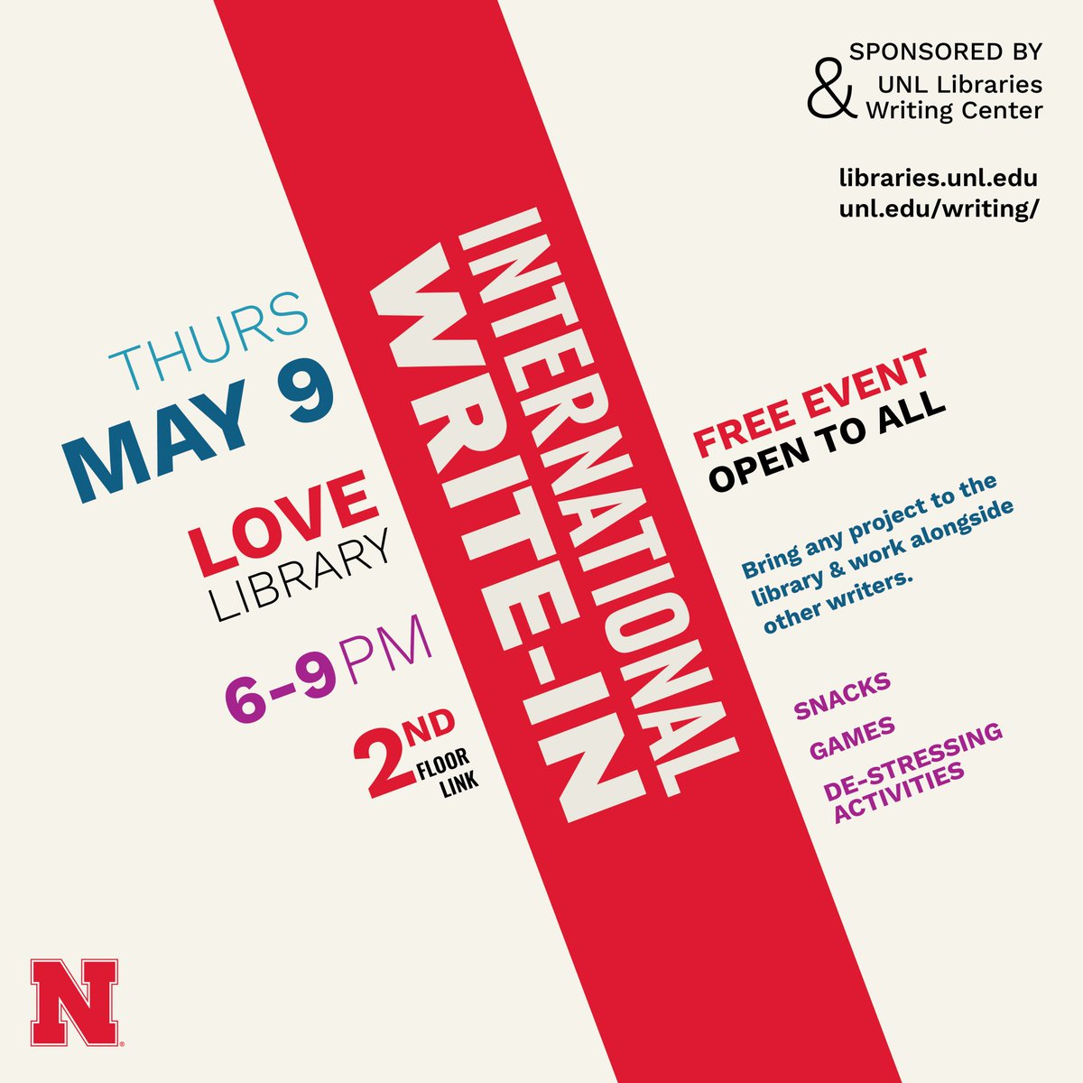 Want some company to finish a writing project you have? Check out this event Thursday! go.unl.edu/73og @UNLwriting @UNL_Lib