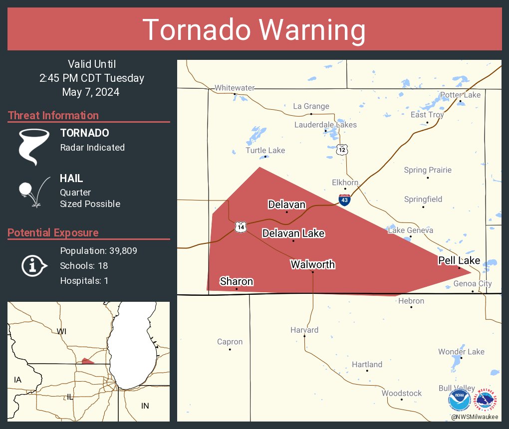 Tornado Warning continues for Delavan WI, Pell Lake WI and  Walworth WI until 2:45 PM CDT