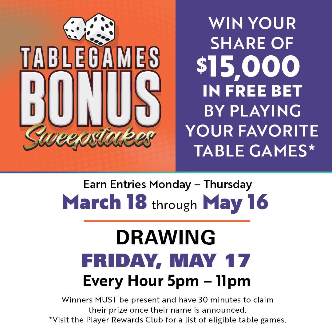 Don't miss out on your chance to win a share of $15,000 in free bets! Earn entries Monday - Thursday by playing your favorite table games🎲🃏. You only have until May 16th to participate start playing now🎉